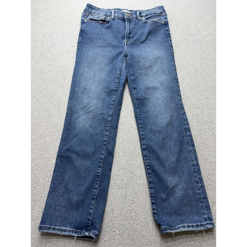 Good American High Rise‎ Straight Jeans Womens 8-12 Blue Medium Wash Stretch